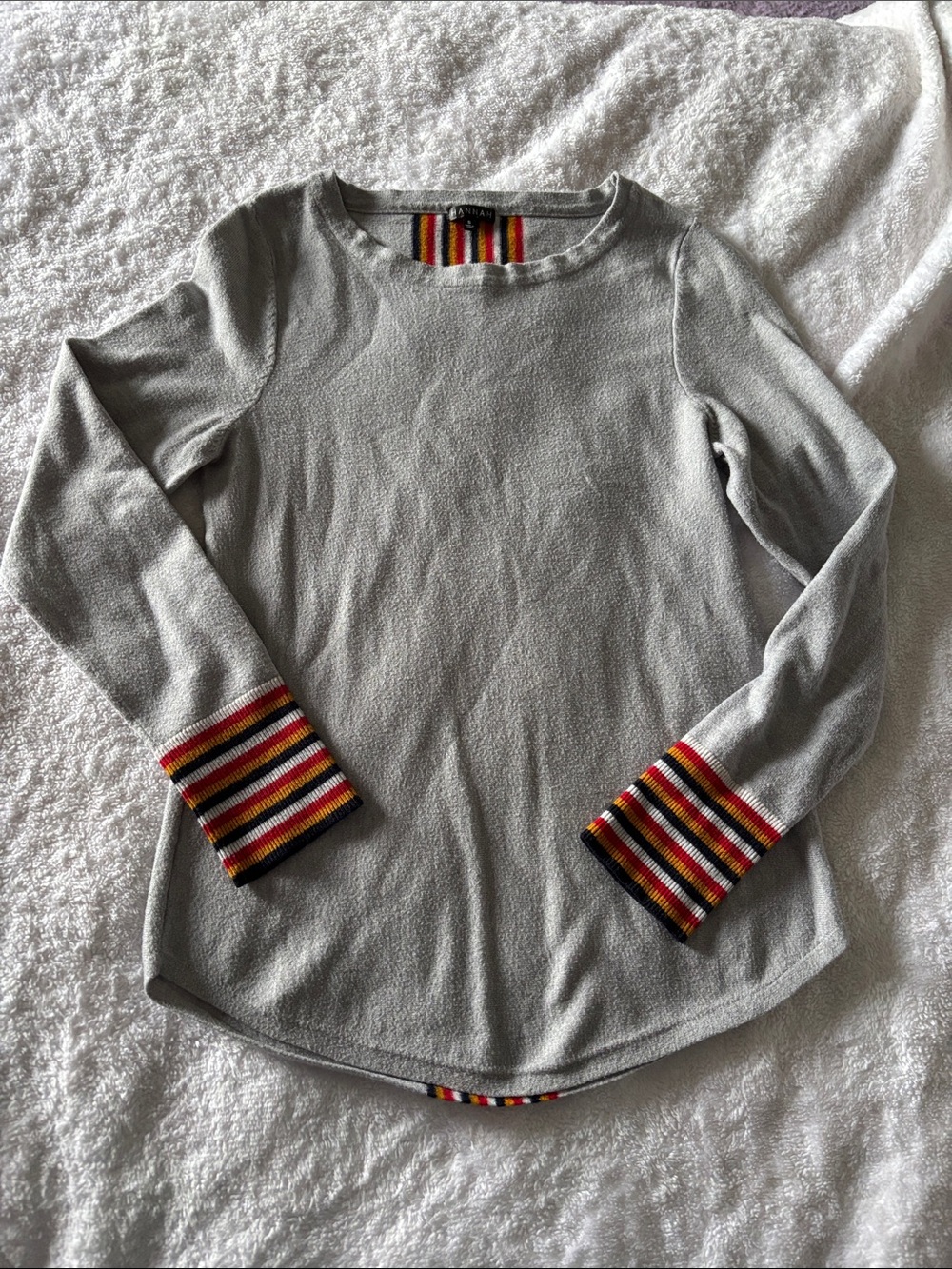Hannah Light Gray Long Sleeve Tee with Multicolor Striped Cuffs
